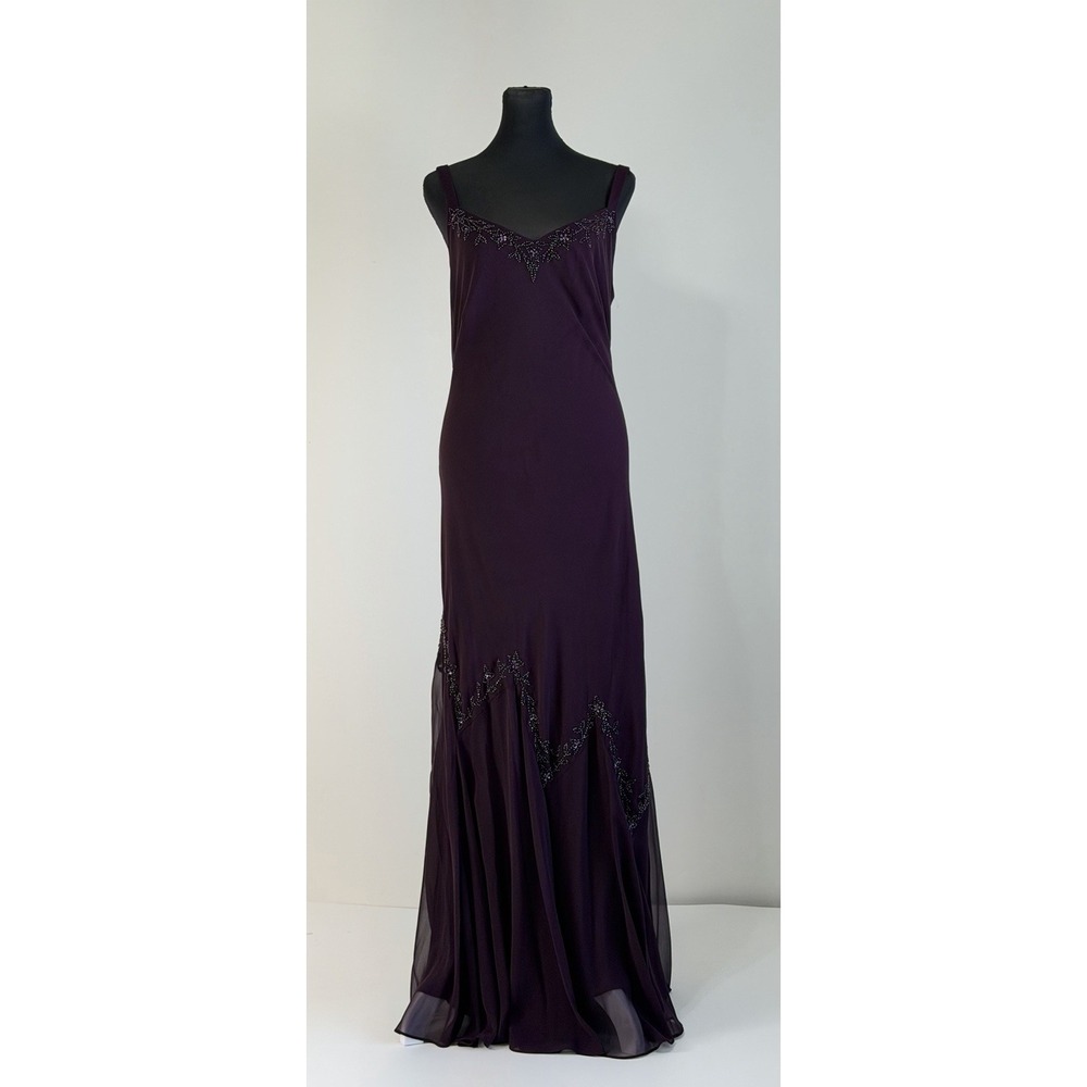 David's Bridal 14W Plum Purple Beaded Chiffon Maxi Formal Dress Y2K Fairy